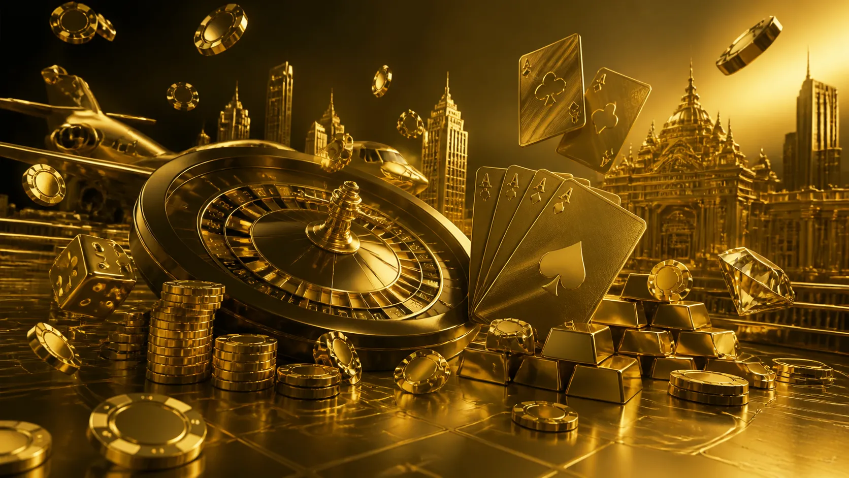 A cinematic casino-themed image with poker chips, playing cards, and gold accents, exuding luxury and excitement.