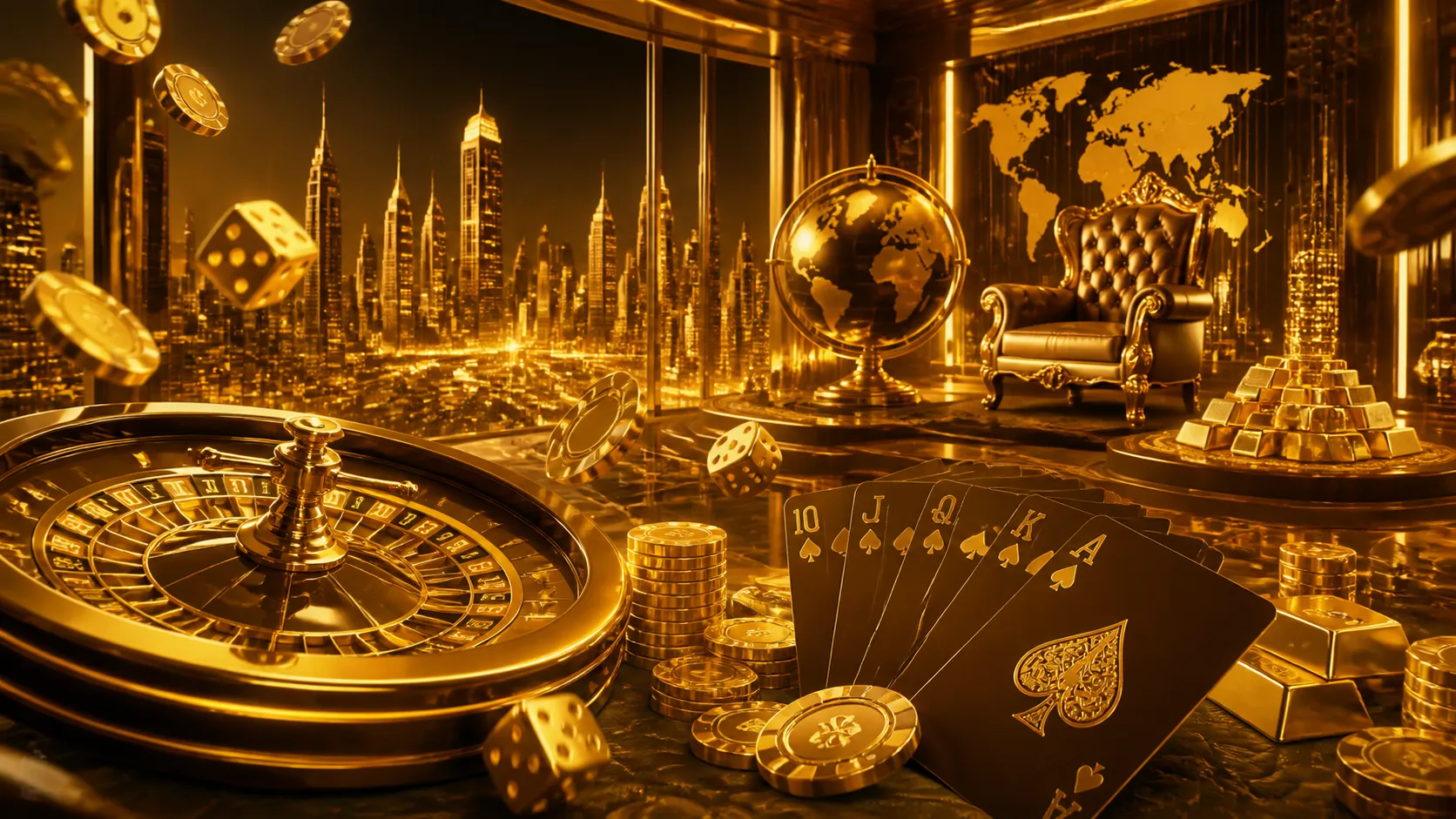 Premium casino banner featuring luxurious Tycoon-themed elements in a photorealistic style with poker chips, dice, and gold a
